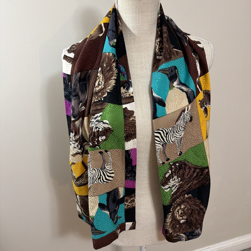 Vtg 80's Jerri Sherman Wild Animal Print 100% Silk Scarf